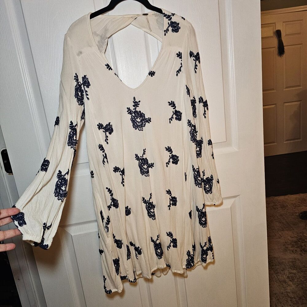 Free People White Navy Emma Austin Floral Boho Swing Mini Dress Medium